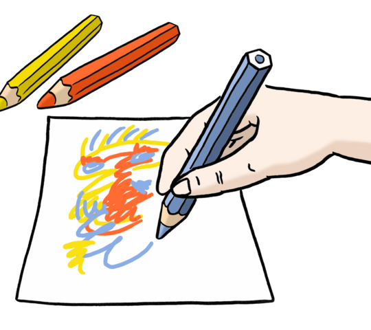 eine Hand malt mit Stiften auf Papier