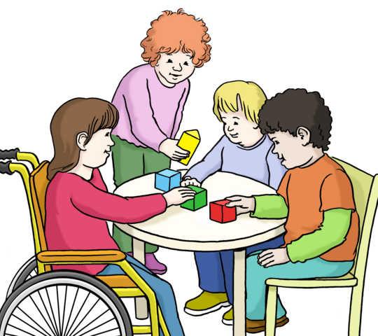 verschiedene Kinder sitzen im Kindergarten auf Stühlen oder im Rollstuhl um einen Tisch und spielen etwas