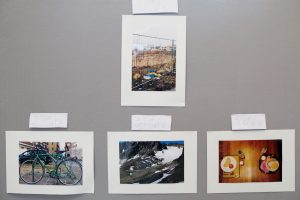 Bild: Die ersten vier Plätze: Ein zugemülltes brachliegendes Bauland, ein altes doch gut gepflegtes Fahrrad, ein schmelzender Gletscher und die Gegenüberstellung nachhaltiger Ernährung vs. Plastikschrott