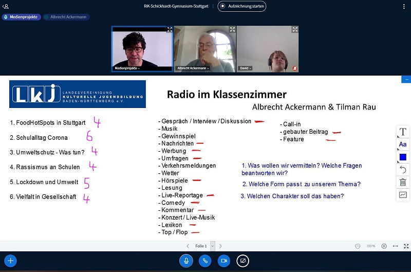 Screenshot der Videokonferenz. Zu sehen ist die Einteilung in die verswchiedenen gruppen und mögliche Formate. z.B. Nachrichten, Feature, Umfrage oder Comedy