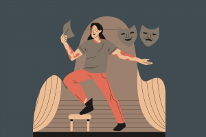 Karikatur eines Mädchens auf einer Bühne am Theater spielen. Sie steht mit einem Bein auf einem Stuhl, hält einen Zettel in der Hand und im Hintergrund sind Vorhänge und Masken
