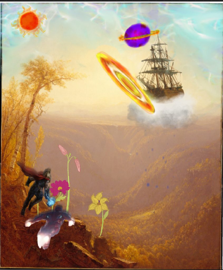 Collage zeigt Landschaft und ein Schiff im Hintergrund und Superhelden und Planeten im Vordergrund.