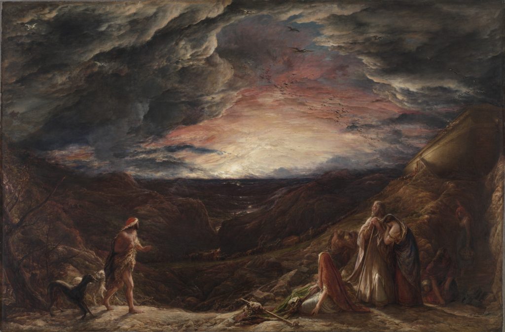 Gemälde zeigt weite Landschaft mit unheimlichem Hintergrund, einer Menschengruppe im Vordergrund und einigen Tieren.
