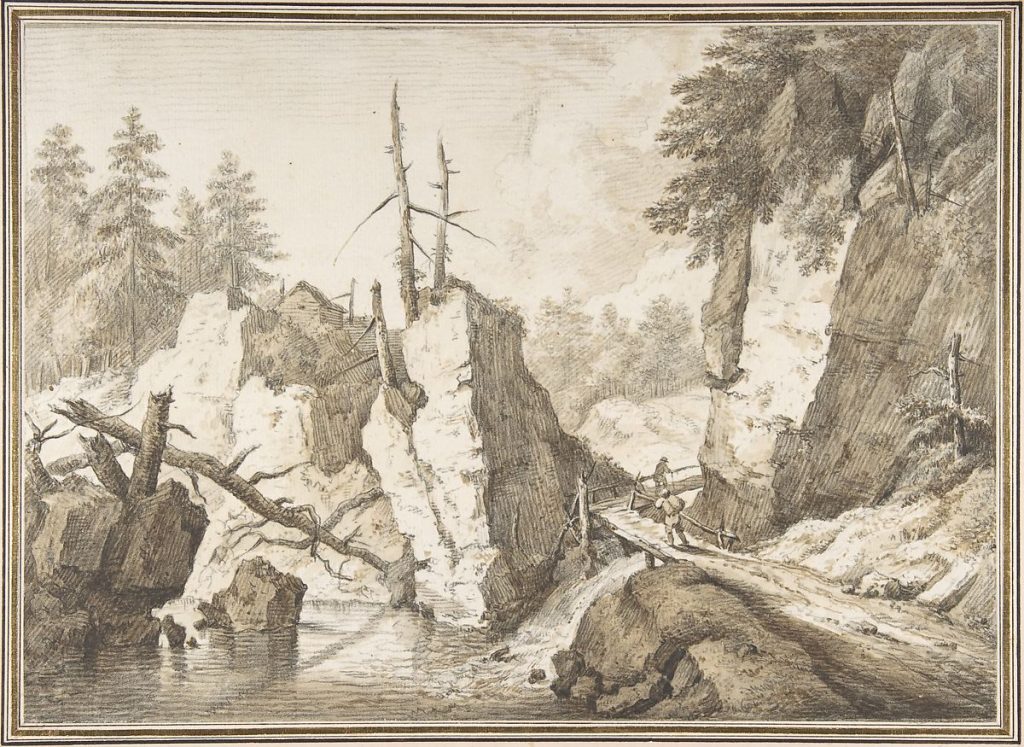 Druckgrafik zeigt Landschaft mit Felsen, Wasser und Bäumen.