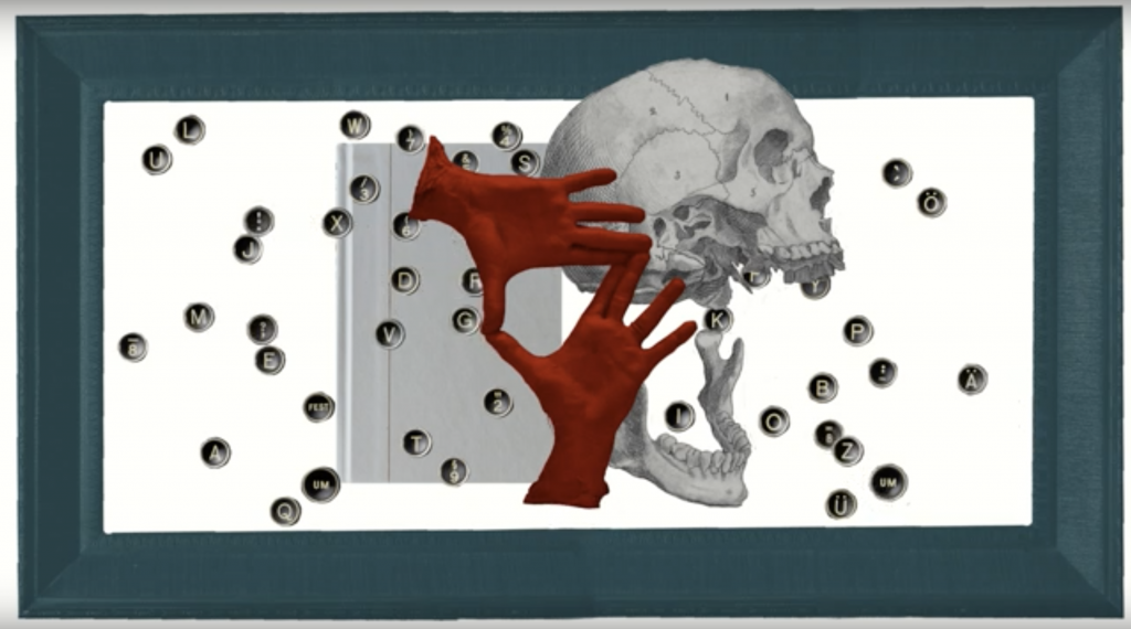 Collage aus Schädel, roten Händen und Buchstaben.