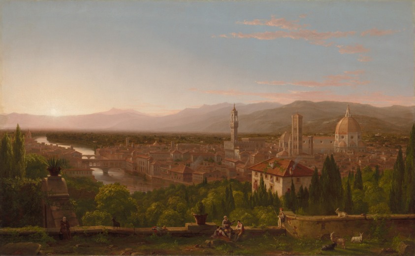 Gemälde zeigt eine Stadtsicht bei Sonnenaufgang.