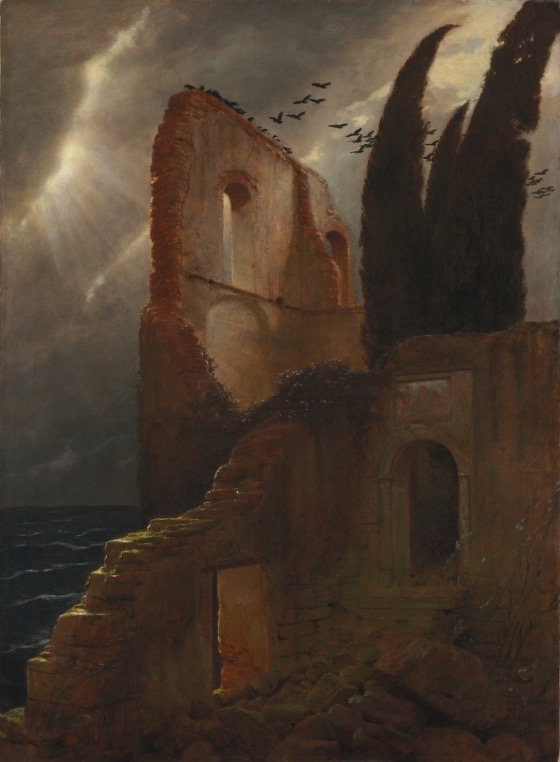 Gemälde zeigt Wolkenbruch mit Ruinen am Wasser.