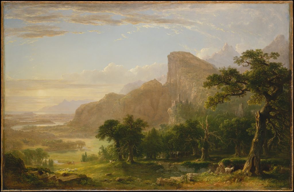 Gemälde einer weiten Landschaft mit Bäumen und Bergen