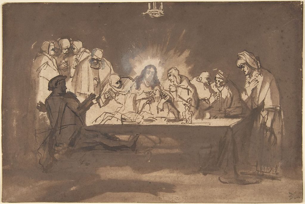 Skizze zeigt Szene mit Jesus und einer Gruppe anderer Menschen am Tisch