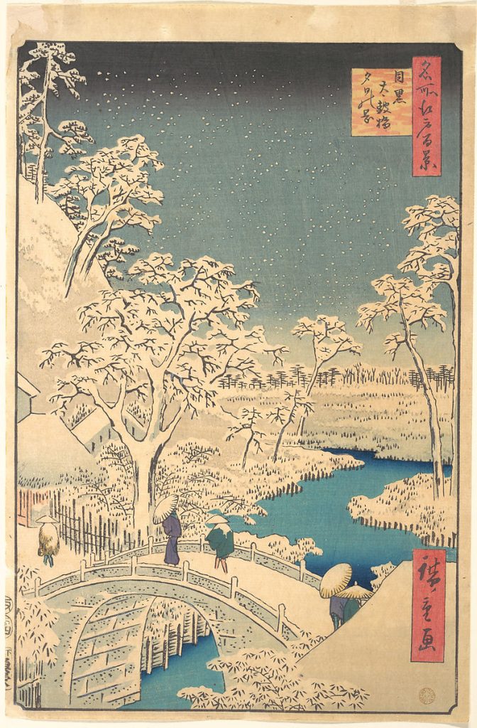 Asiatisches Gemälde zeigt Schneelandschaft mit Brücke und ein paar Personen.