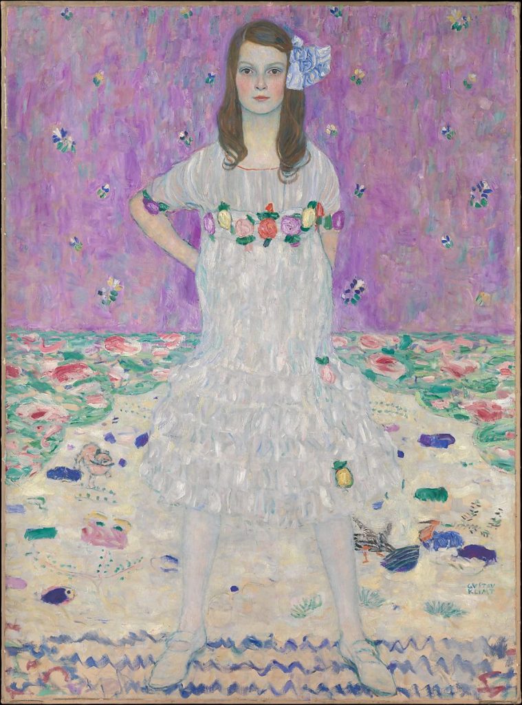 Gemälde zeigt Mädchen frontal in weißem Kleid mit Blume im Haar
