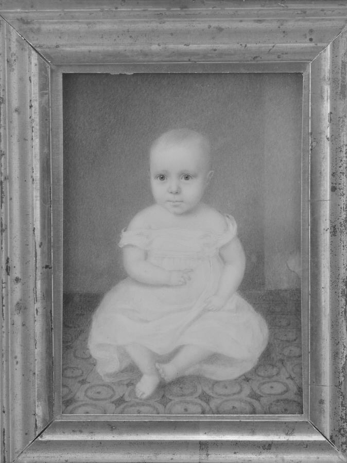 Schwarz/Weiß Gemälde eines Babys frontal