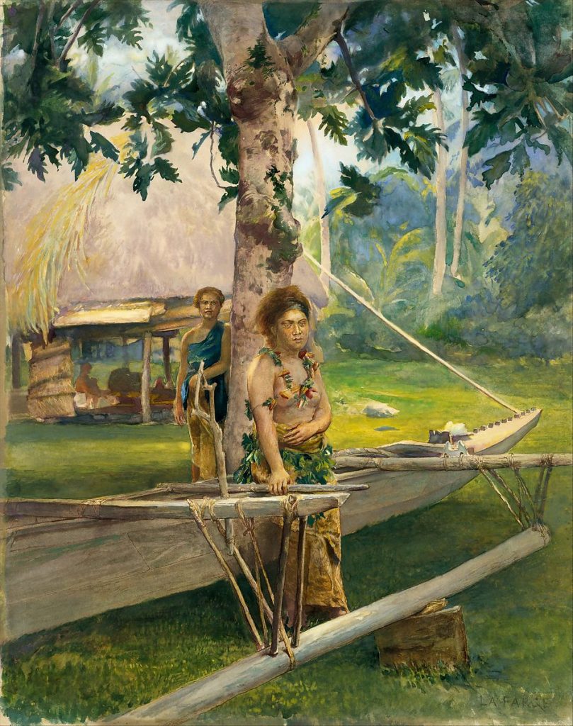 Gemälde zeigt zwei Personen im Dschungel bei einem Kanu