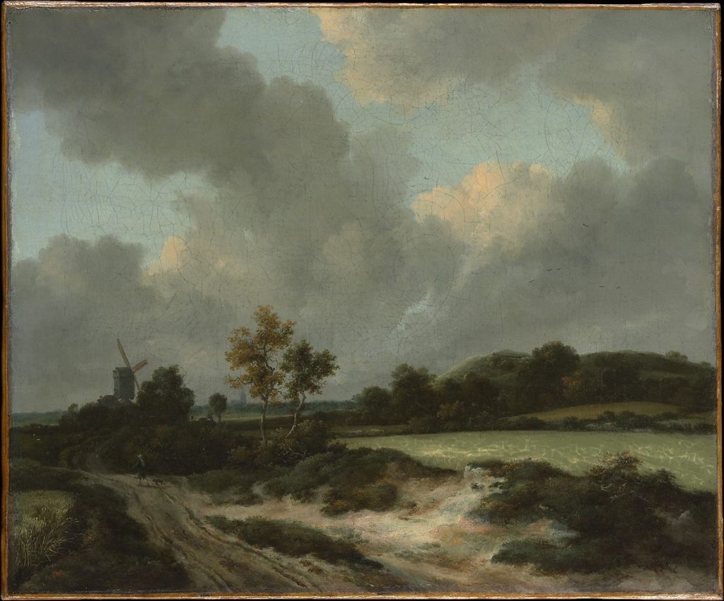 Gemälde zeigt Landschaft mit Windmühle im Hintergrund