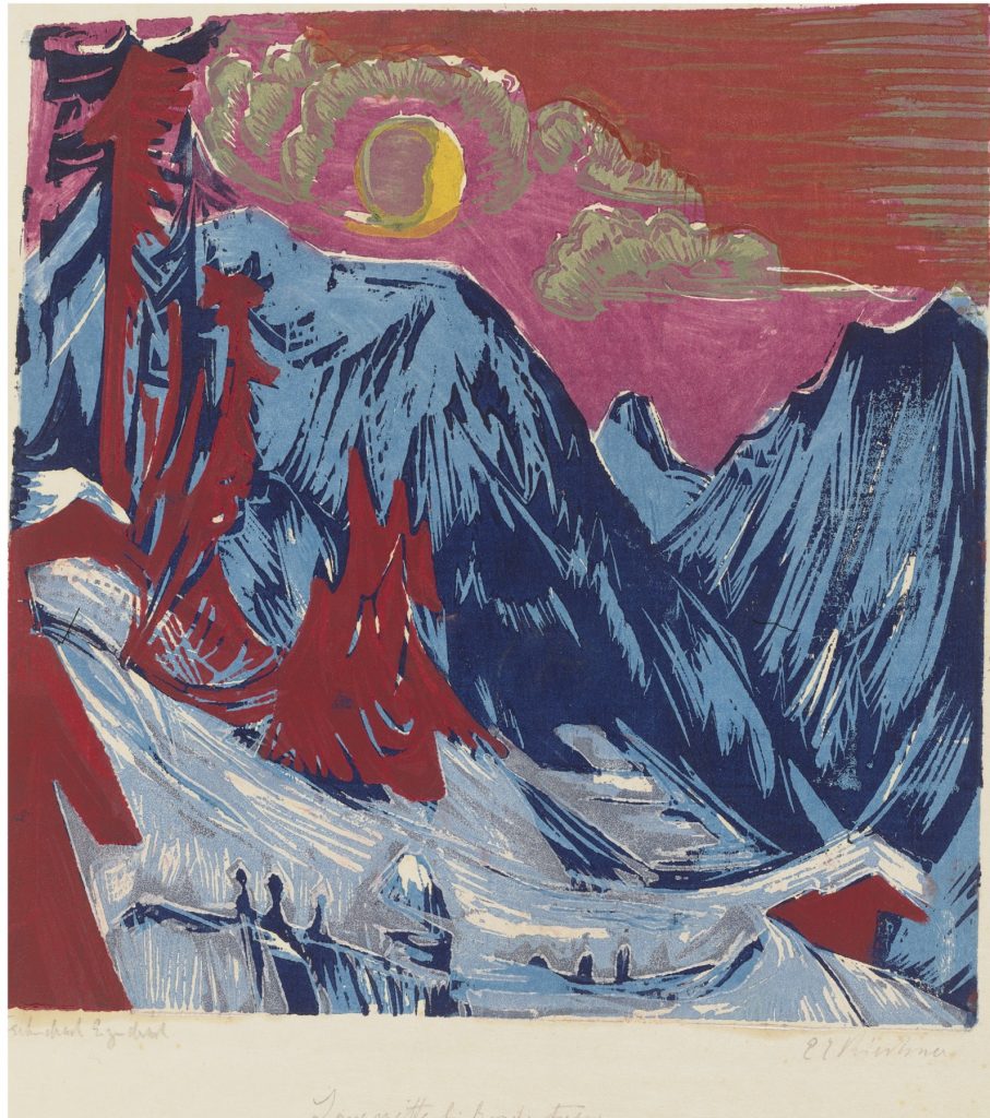 Abstraktes Gemälde zeigt Berglandschaft.