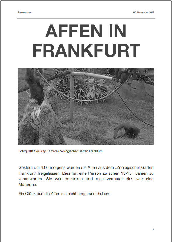 Erfundener Artikel über ein Affenausbruch im Frankfurter Zoo (Teil 1)