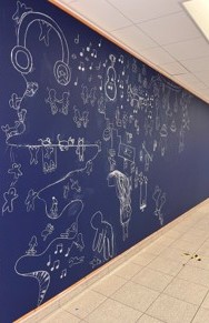Eine dunkelblaue Wand auf die mit weißer Farbe Symbole und Motive gemalt sind