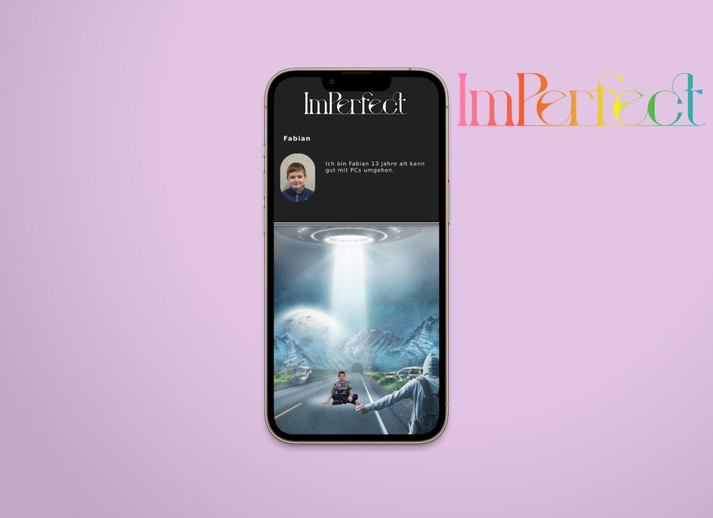 die fiktive ImPerfect-App. junge sitzt auf der Straße und wir von einem Ufo nach oben gebeamt.