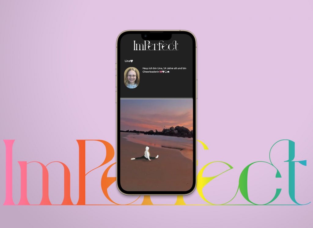 Bild aus der fiktiven ImPerfect App, Das Beitragsbild zeigt ein Mädchen im Spagat am Strand