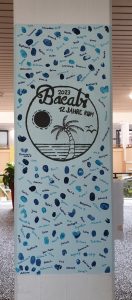 das fertige werk mit Abilogo, vielen blauen fingerabdrücken una allen Namen der Abiturient*innen 