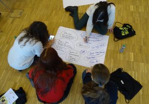 4 Jugendliche sitzen am Boden und schreiben projektieen auf ein Papier