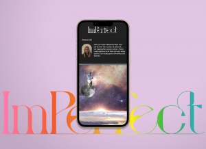 Ein Profil aus der fiktiven ImPerfect App. Auf dem Beitragsbild ist ein Mädchen auf einem Planeten zu sehen