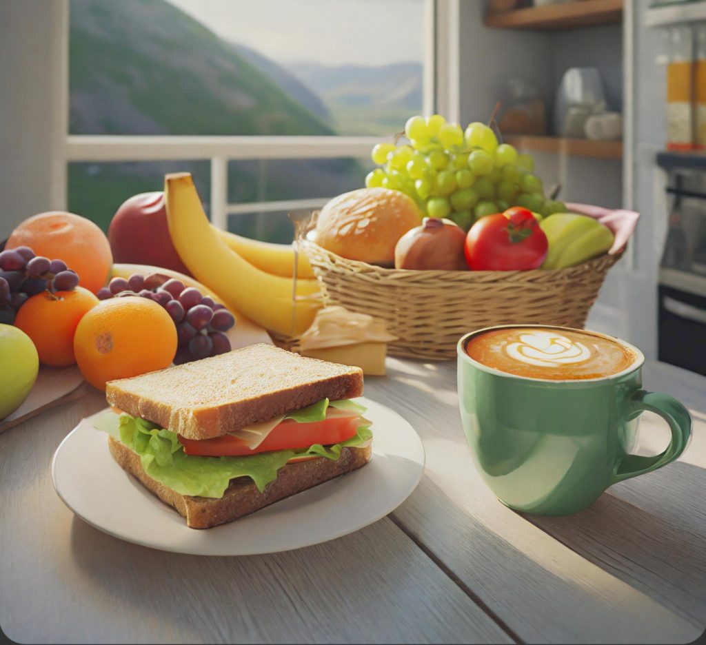 ein gedeckter Tisch mit einer vollen Tasse Kaffee, einem Teller mit einem belegten Brot, Obst und Gemüse im Hintergrund.