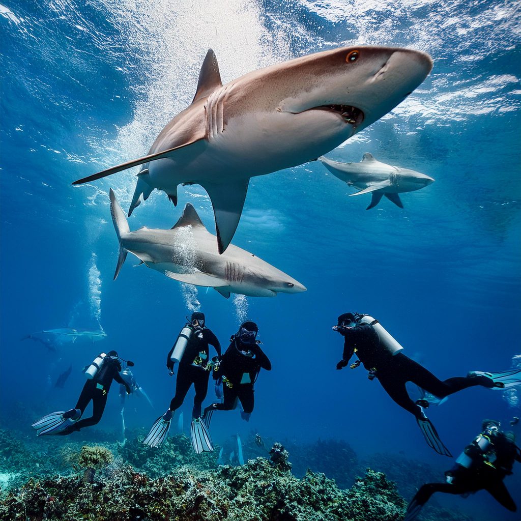 KI generiertes Bild, auf dem Taucher*innen unter Wasser zu sehen sind sowie mehrere große Haie