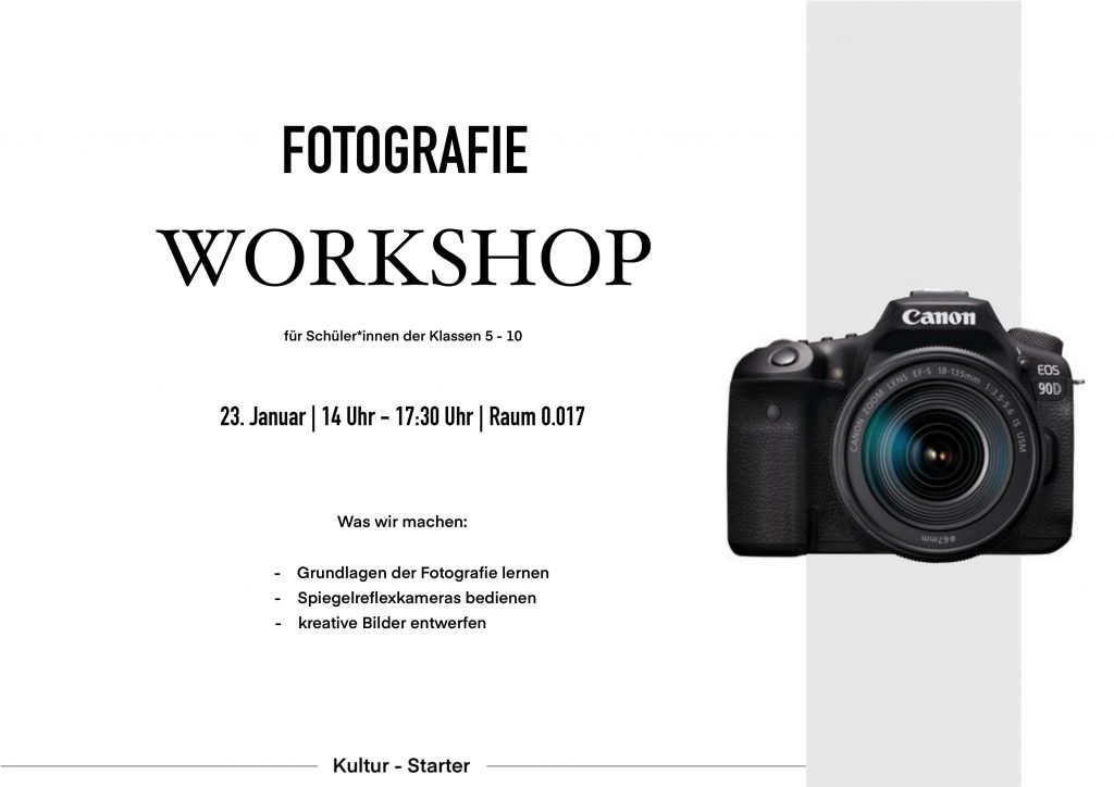 Werbeplakat des Workshops mit Infos und einem Bild einer Kamera