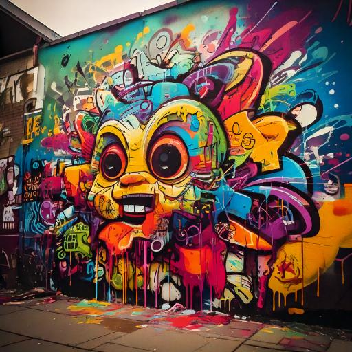 eine Mauer besprüht mit einem farbenfrohen Graffiti, im Zentrum ein buntes, comicartiges Gesicht.
