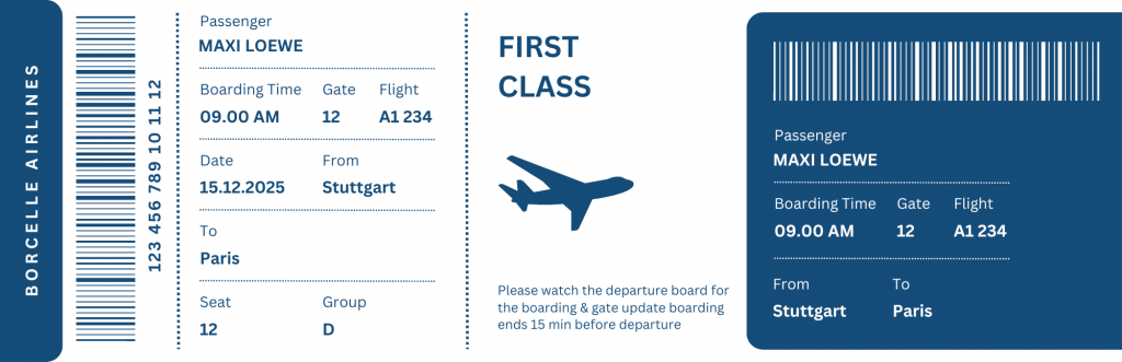 Ein mit KI generiertes Flugticket, ausgestellt auf den Namen Maxi Loewe für einen Flug von Stuttgart nach Paris am 15.12.2025