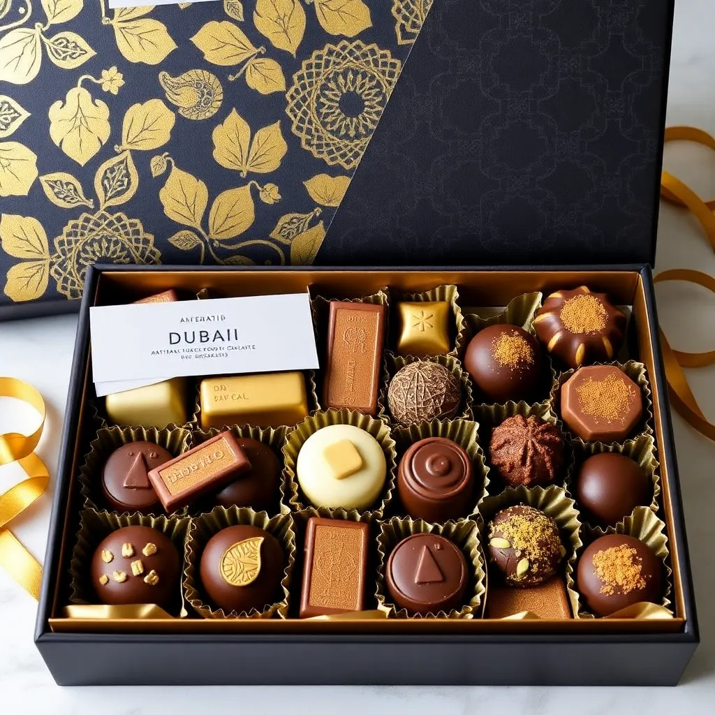 ein KI generiertes Bild von einer Pralinenschachtel mit einer Art Visitenkarte darauf auf der Dubai(i) steht. DIe Schachtel ist geöffnet, man sieht viele verschiedene Pralinensorten, daneben liegt der Deckel und darunter sieht man ein Geschenkband liegen.