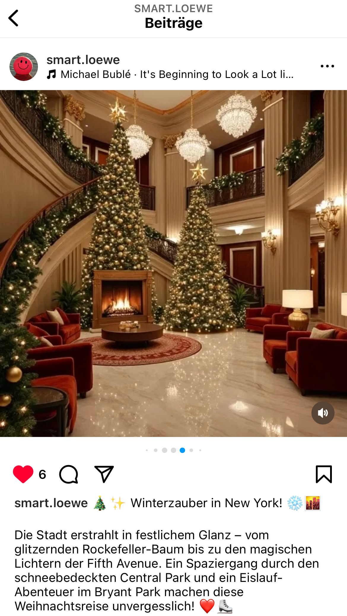 screenshot eines Postings auf Instagram. Das Foto zeigt ein weihnachtlich geschmücktes Hotelfoyer. In der Caption steht: Winterzauber in New York! 