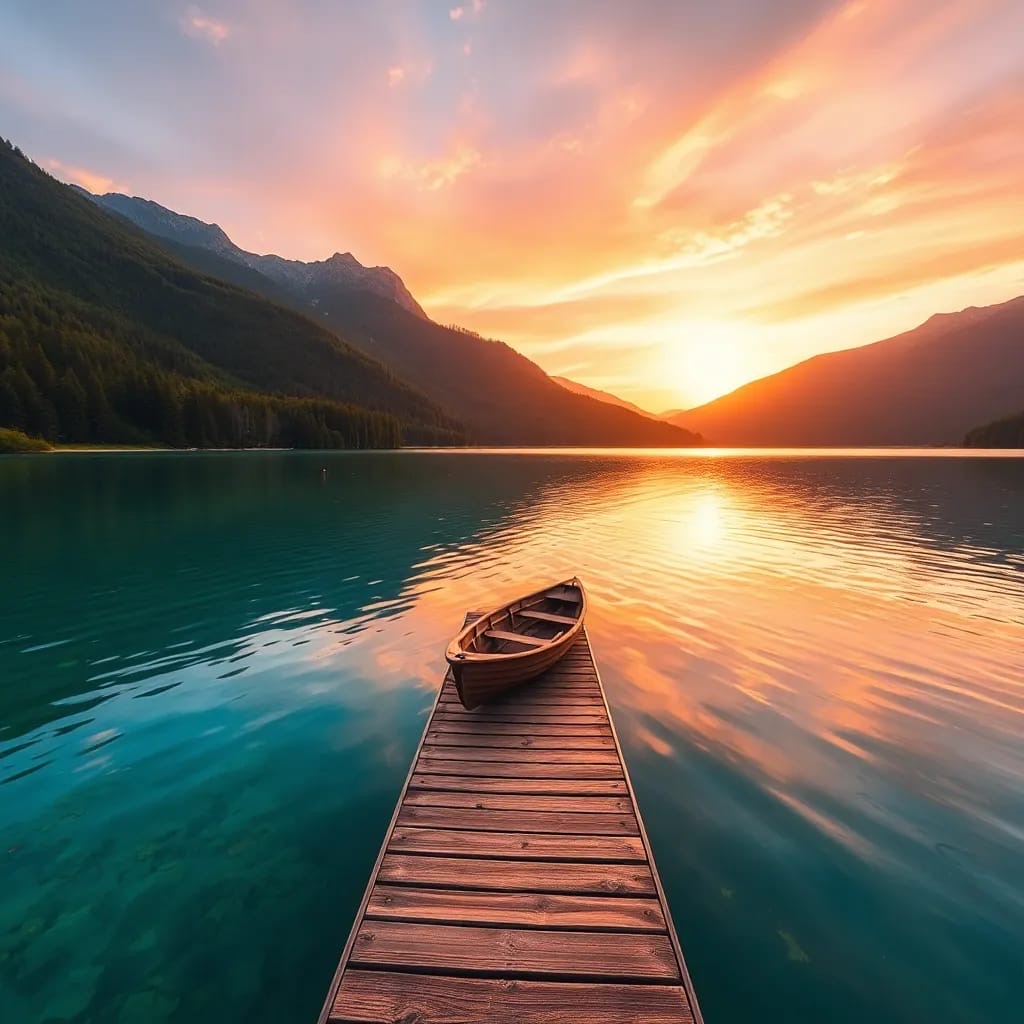 Ein KI-generiertes Bild zeigt ein Holzboot auf einem Steg, der in einen See reinragt. Berge umgeben den See, die Sonne geht unter.