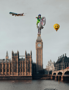 Junge auf Bike vor Big Ben in London