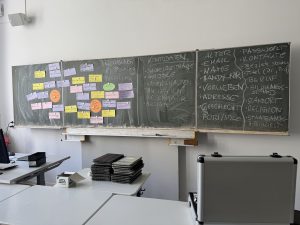 Eine Tafel ist zu sehen mit Notizen und Aufschrieben. Hier wurden Informationen zu einer Person gesammelt.