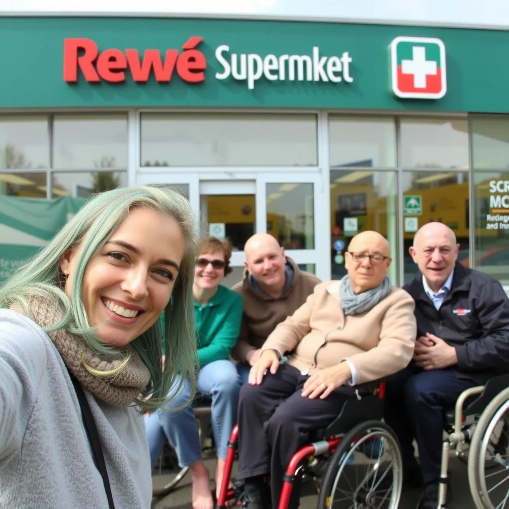 KI generierte Bild, im Vordergrund eine Frau mit grünlichen Haaren, die ein Selfie macht, dahinter eine Gruppe Menschen im Rollstuhl. Alle befinden sich vor einem Supermarkt namens Rewé.