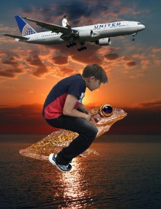 Junge reitet auf einem Frosch