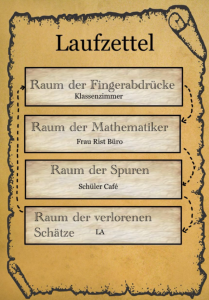Laufzettel mit Übersicht über die Rätsel-Räume