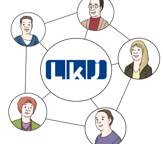ein Netzwerk der LKJ: Die LKJ ist der Zentrale Punkt in der Mitte und mit mehreren Personen verbunden, die auch untereinander miteinander verbunden sind