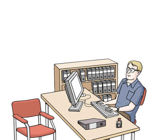 Ein Mann sitzt im Büro und arbeitet am Computer
