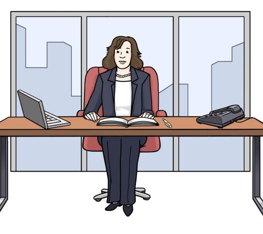 eine Chefin, die an ihrem Schreibtisch sitzt und arbeitet