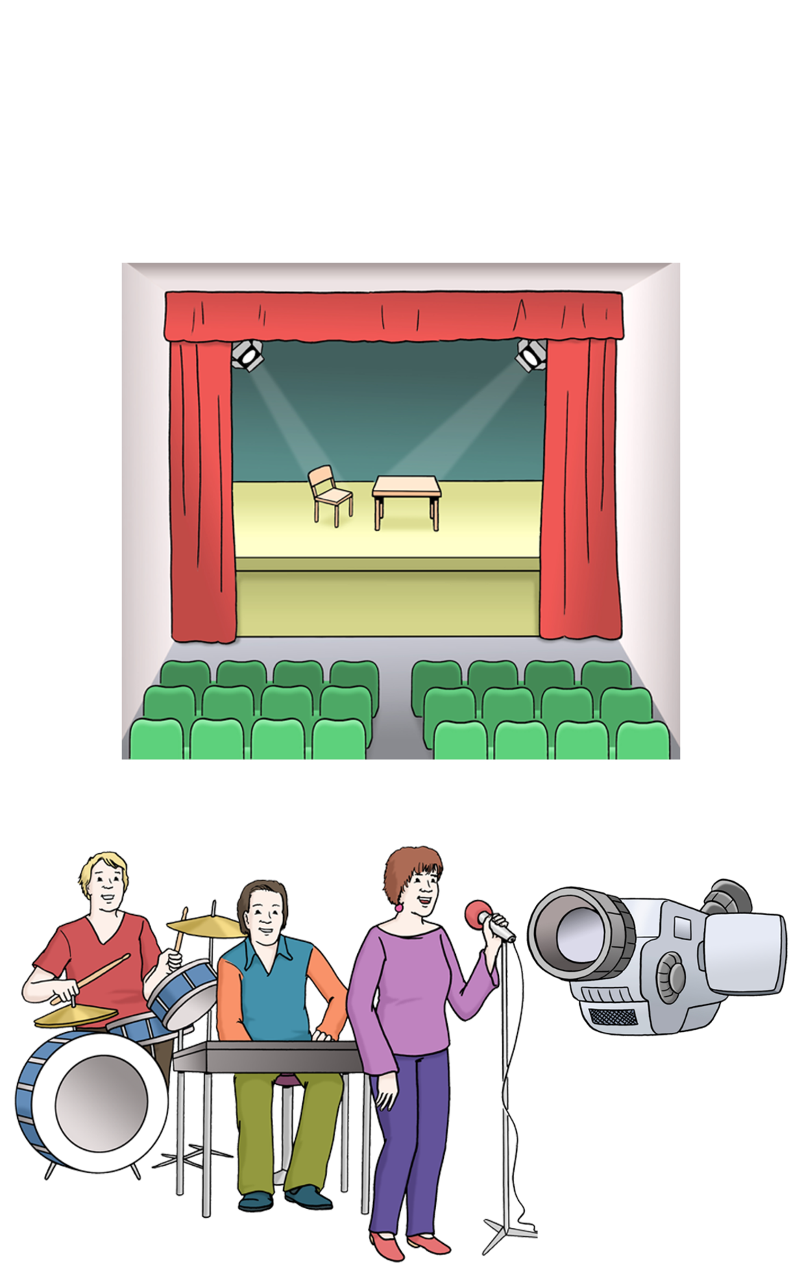 Illustration einer Bühne, Band und Videokamera