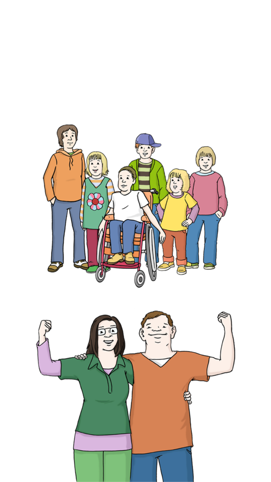 Illustration einer Kindergruppe mit einem Kind im Rollstuhl in der Mitte (oben) und zwei Personen, davon eine Person mit Downsyndrom legen die arme umeinander(unten)