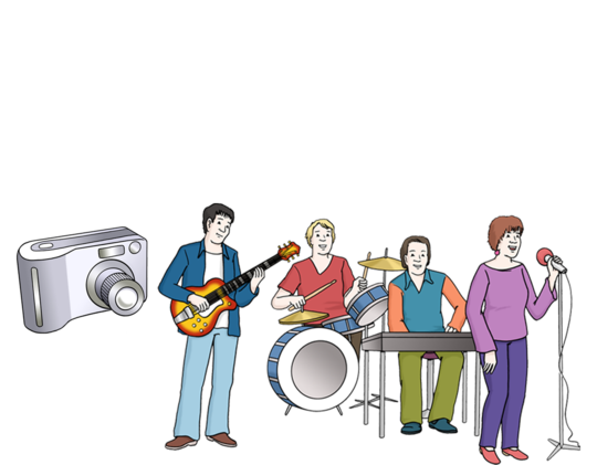 Illustration einer Kamera (links) und Band bestehend aus vier Personen (rechts)