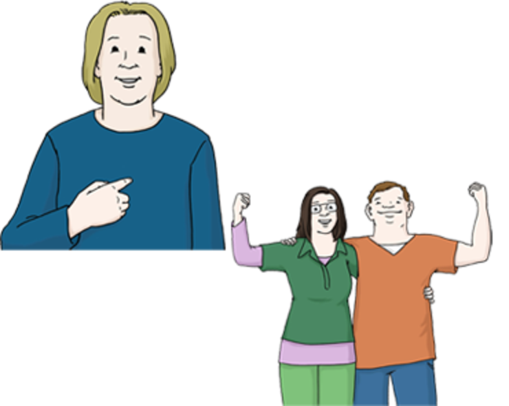 Bild 1: Person die auf sich selbst zeigt. Bild 2: Zwei Personen machen eine "starke" Geste.