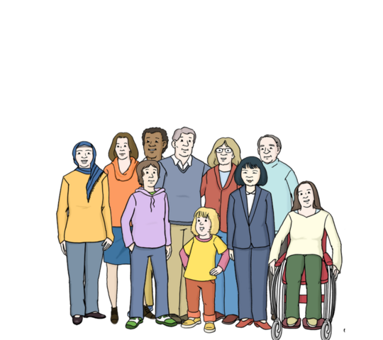 eine Gruppe von Leuten mit unterschiedlichen Körpergrößen, Hautfarben, Religionen, Behinderungen, etc. die alle Leute inkludieren