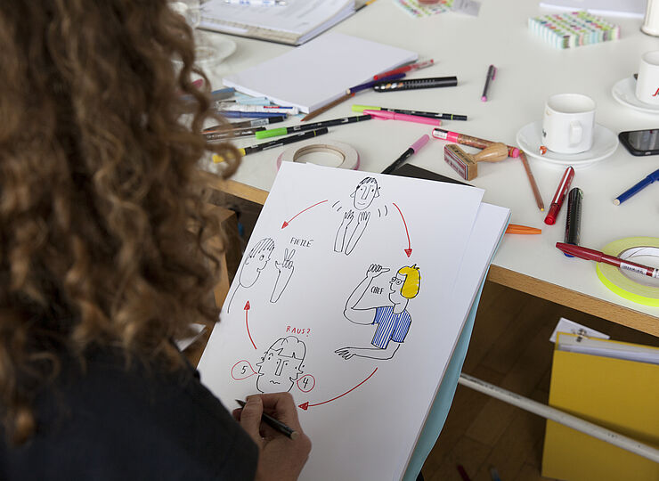 eine Frau zeichnet etwas auf ein Papier