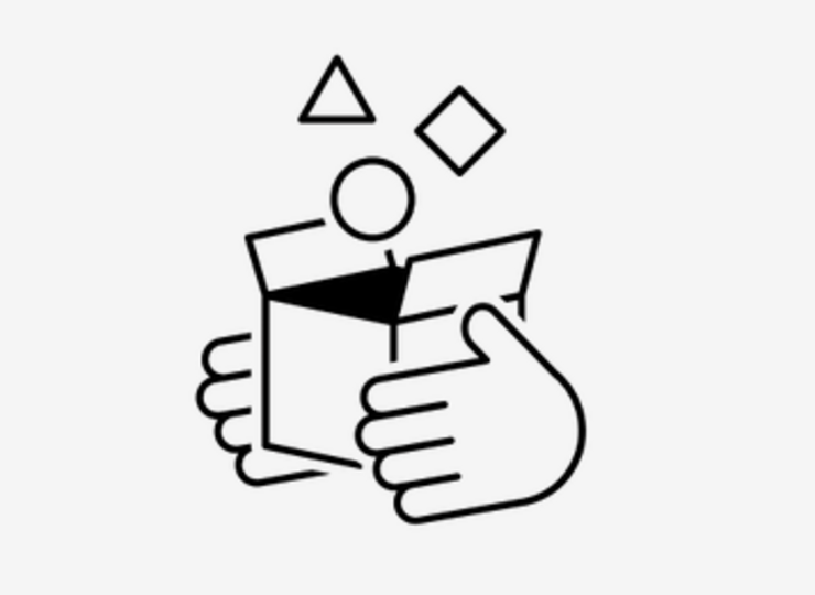 Grafik; Zwei Hände halten einen offenen Karton, in den ein Dreieck, Quadrat und ein Kreis hineinfalllen