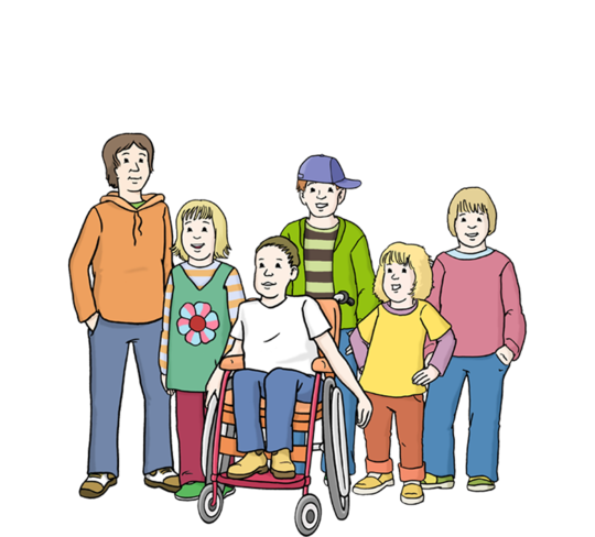 Gruppe aus fünf Kindern, darunter ein Kind im Rollstuhl in der Mitte